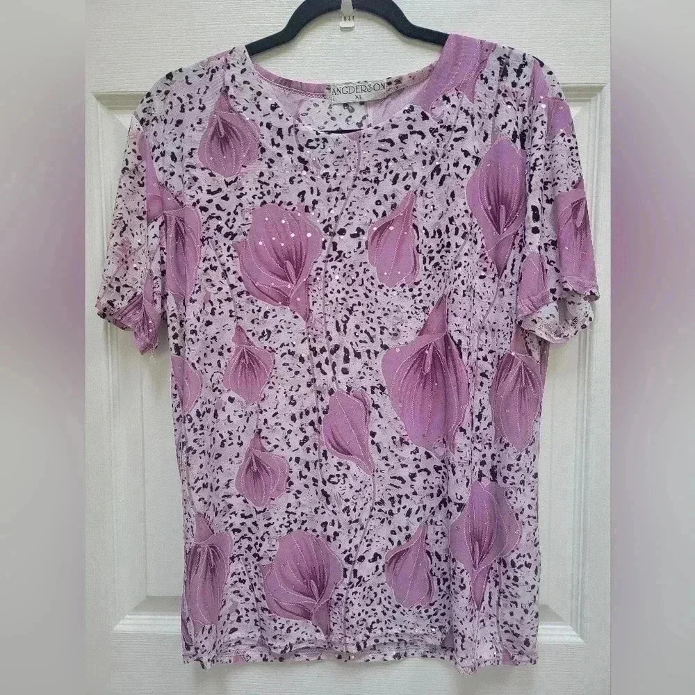 ANGDERSON  Women's Floral Bling Lightweight Crew Neck Blouse Size XL